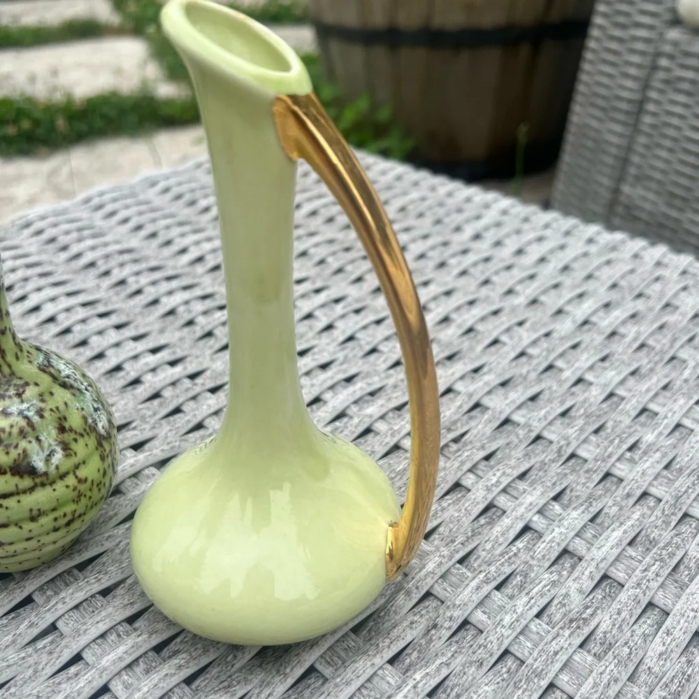 Pair of Vintage Miniature Ceramic Pitcher Vases Green Speckled Pale Yellow Gold
